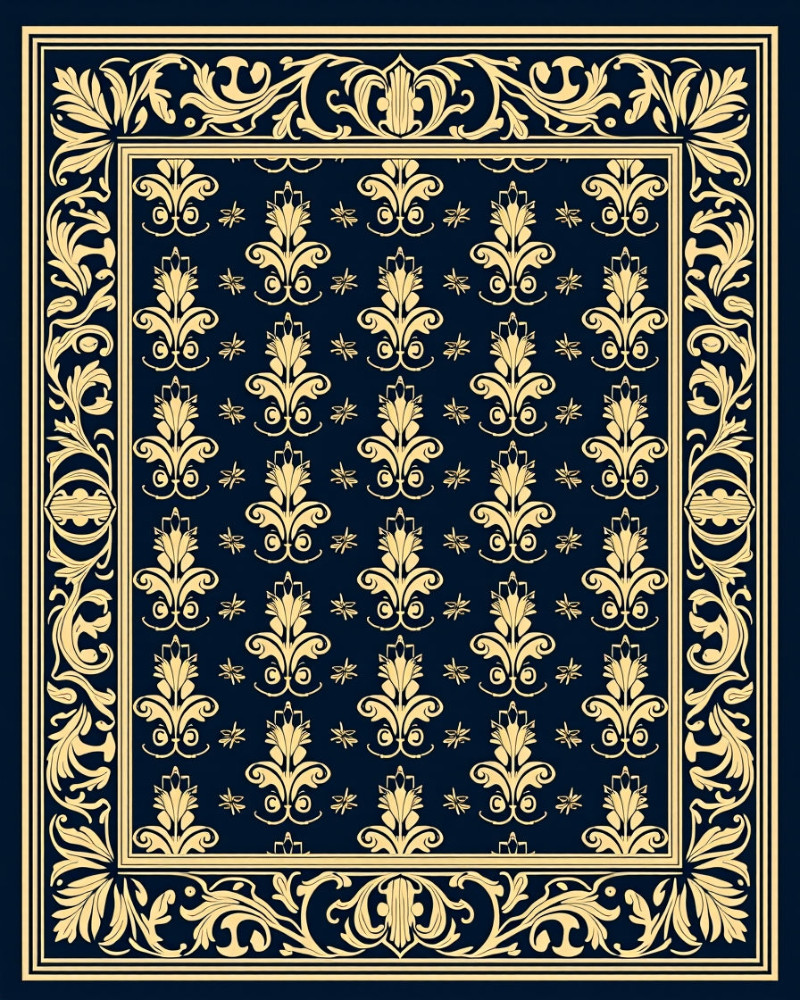 Ornate Golden Scrollwork Damask Design Rug