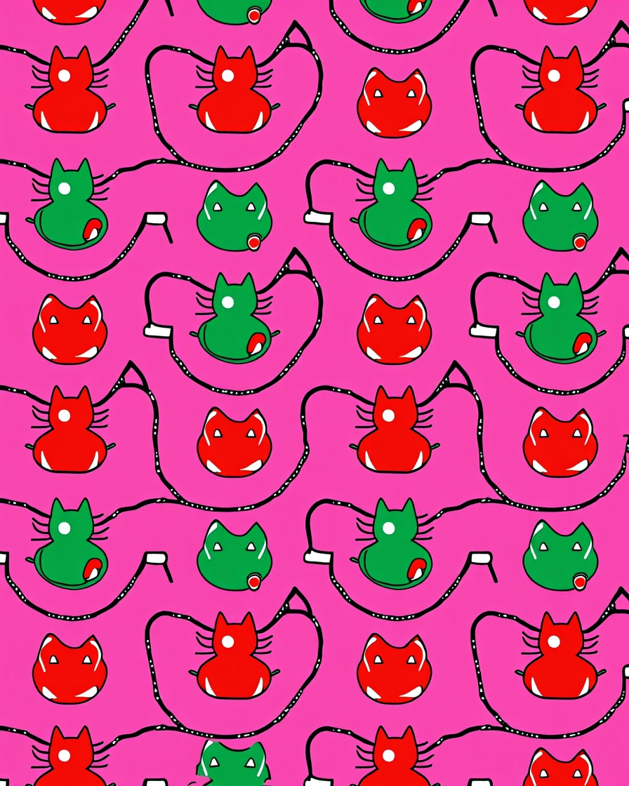 Playful Red Green Cat Pattern Rug