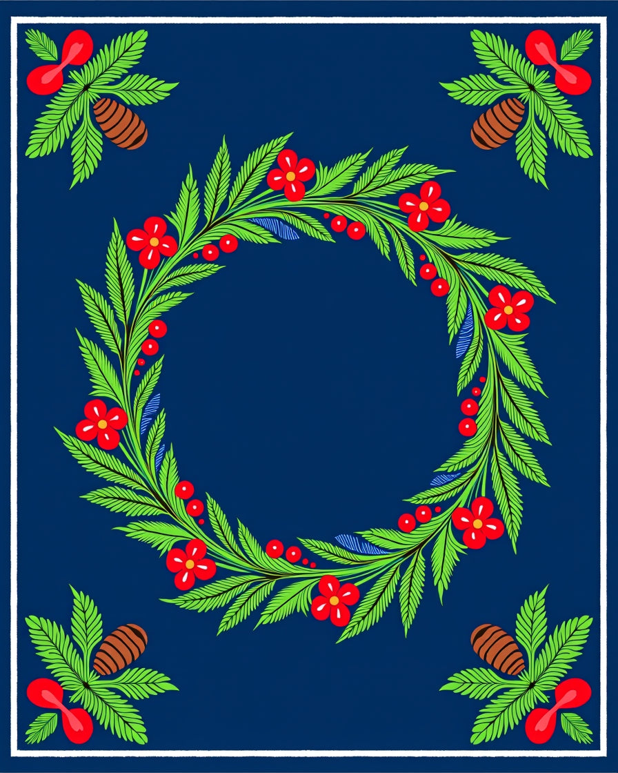 Bold Blue Red Floral Pinecone Wreath Rug