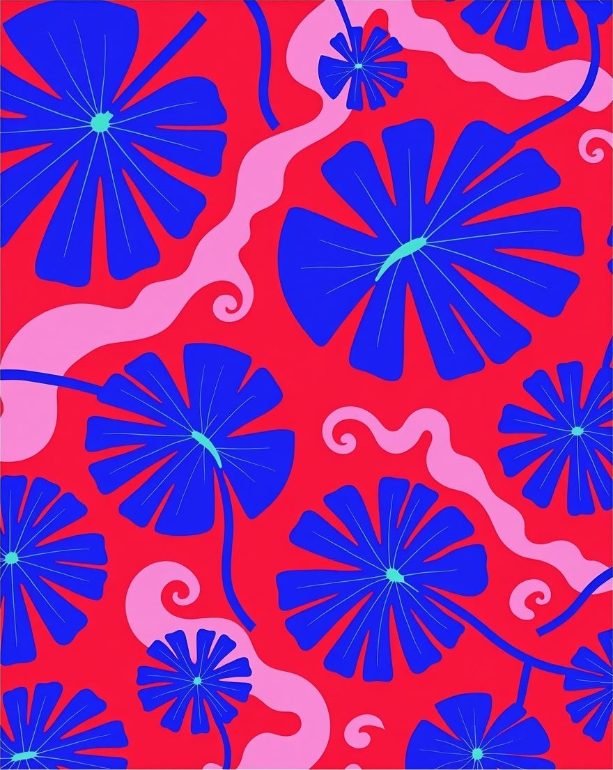 Bold Floral Swirls Red Blue Design Rug