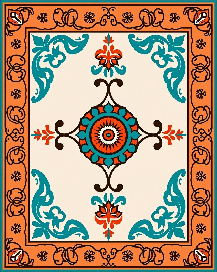 Terracotta Teal Floral Mandala Style Rug