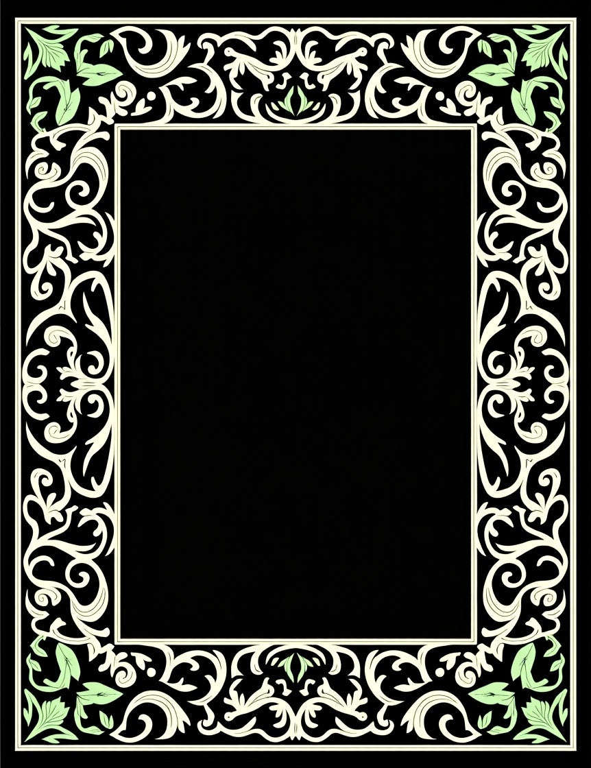 Ornate Green Leaf Scroll Border Rug