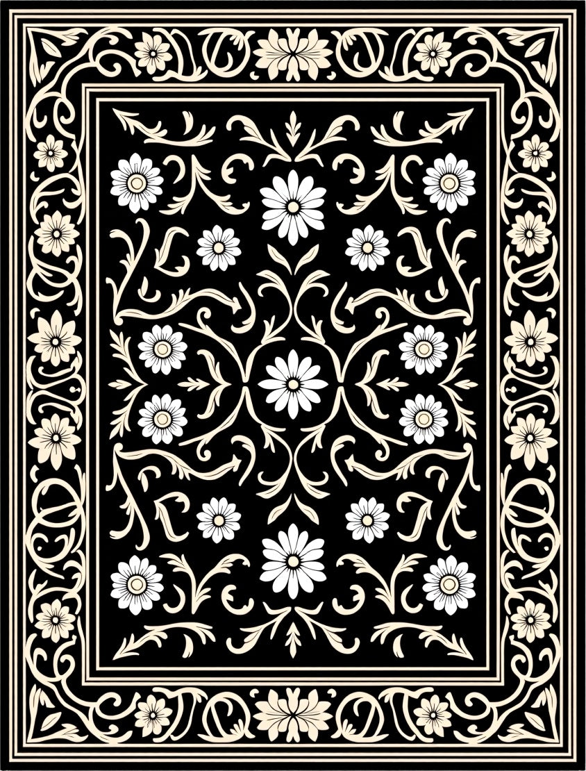 Classic Floral Scrollwork Black Cream Rug