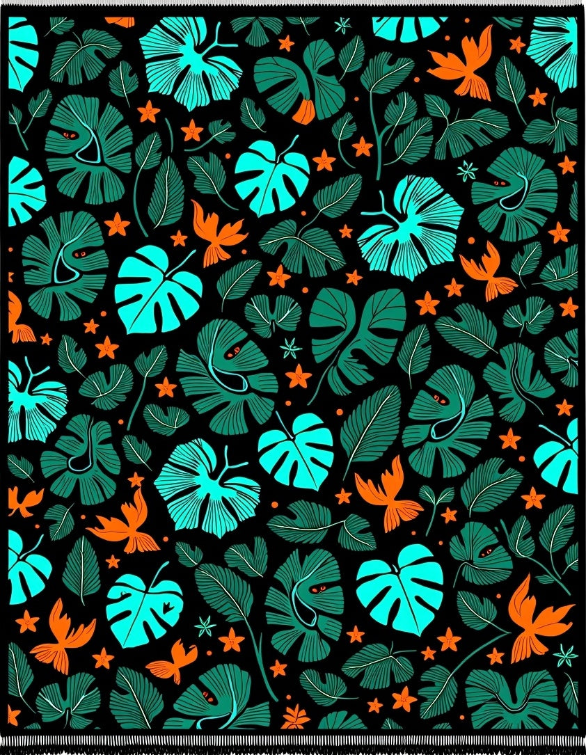 Vibrant Tropical Leaves Orange Birds Rug