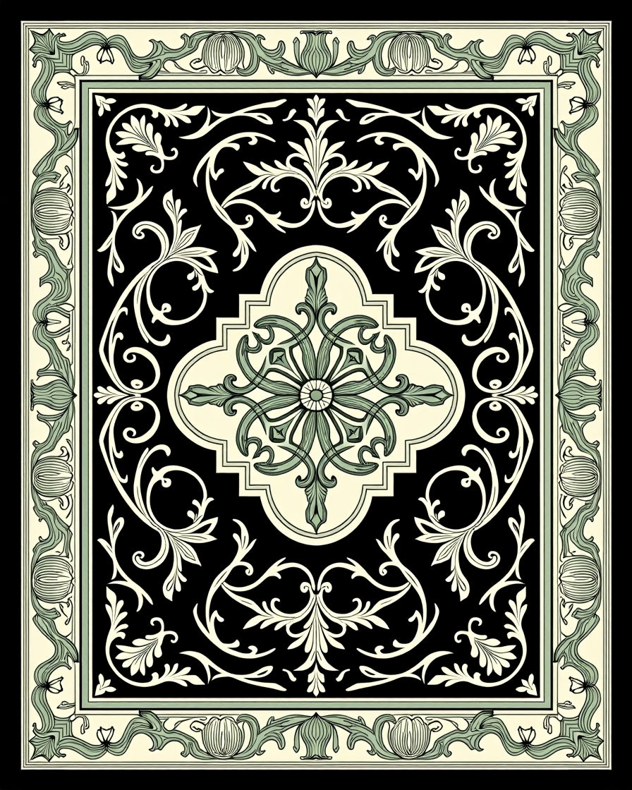 Vintage Black Ivory Green Floral Medallion Rug