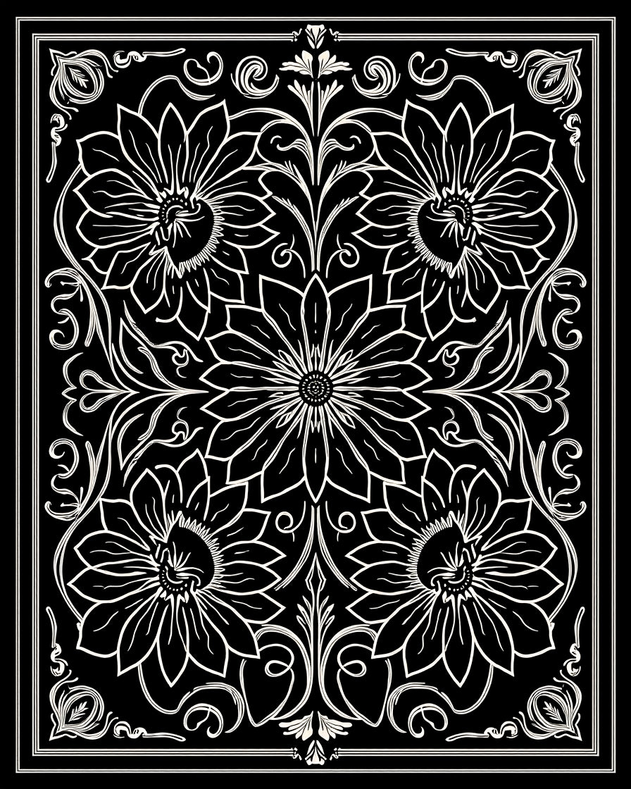 Black Ivory Floral Scroll Rug