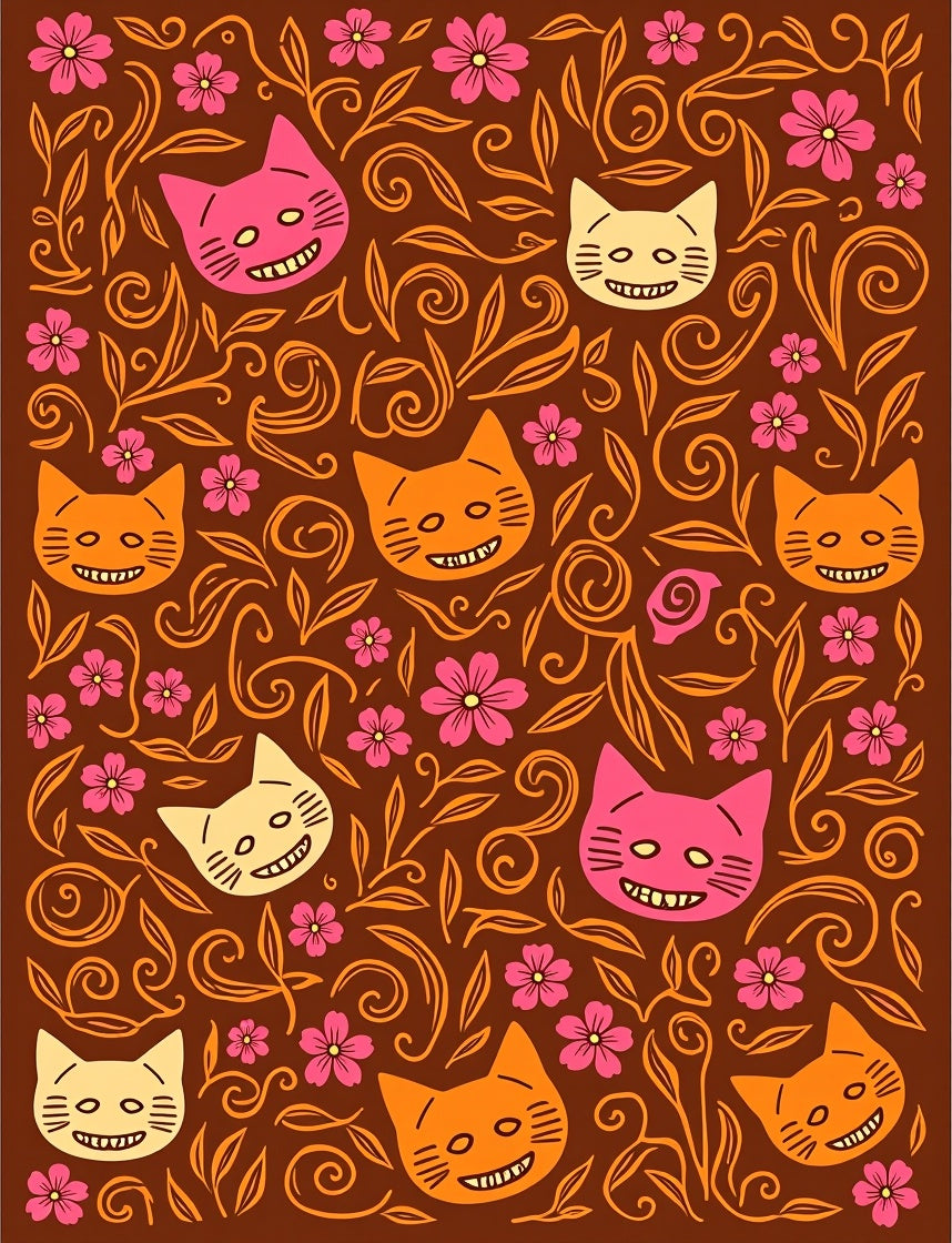 Whimsical Cats And Floral Swirls Design Rug