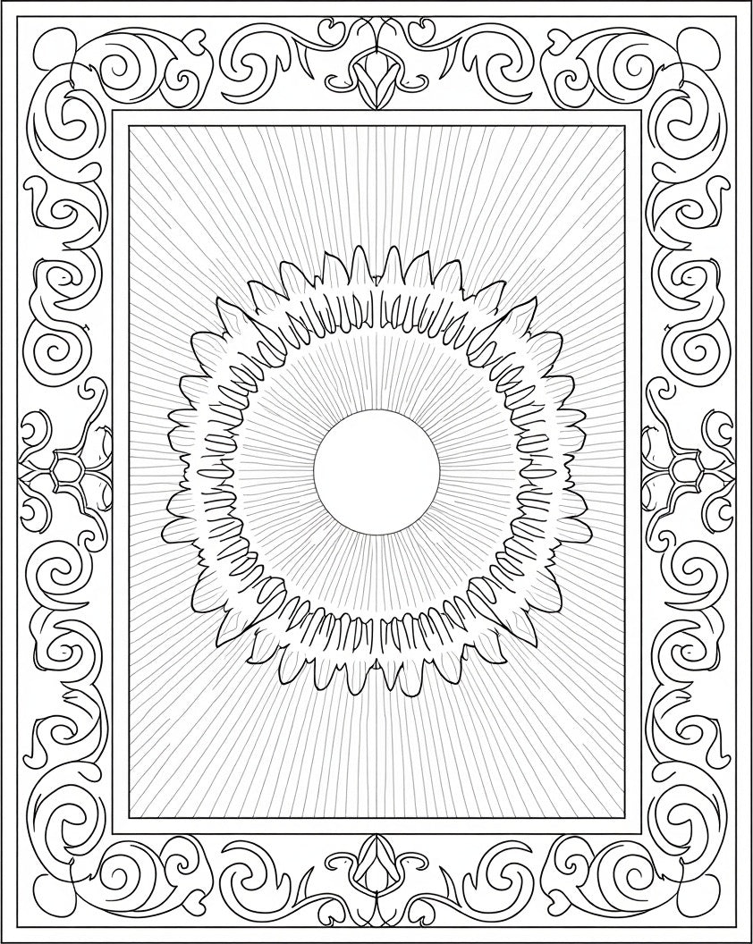 Ornate Sunburst Scrollwork Border Rug