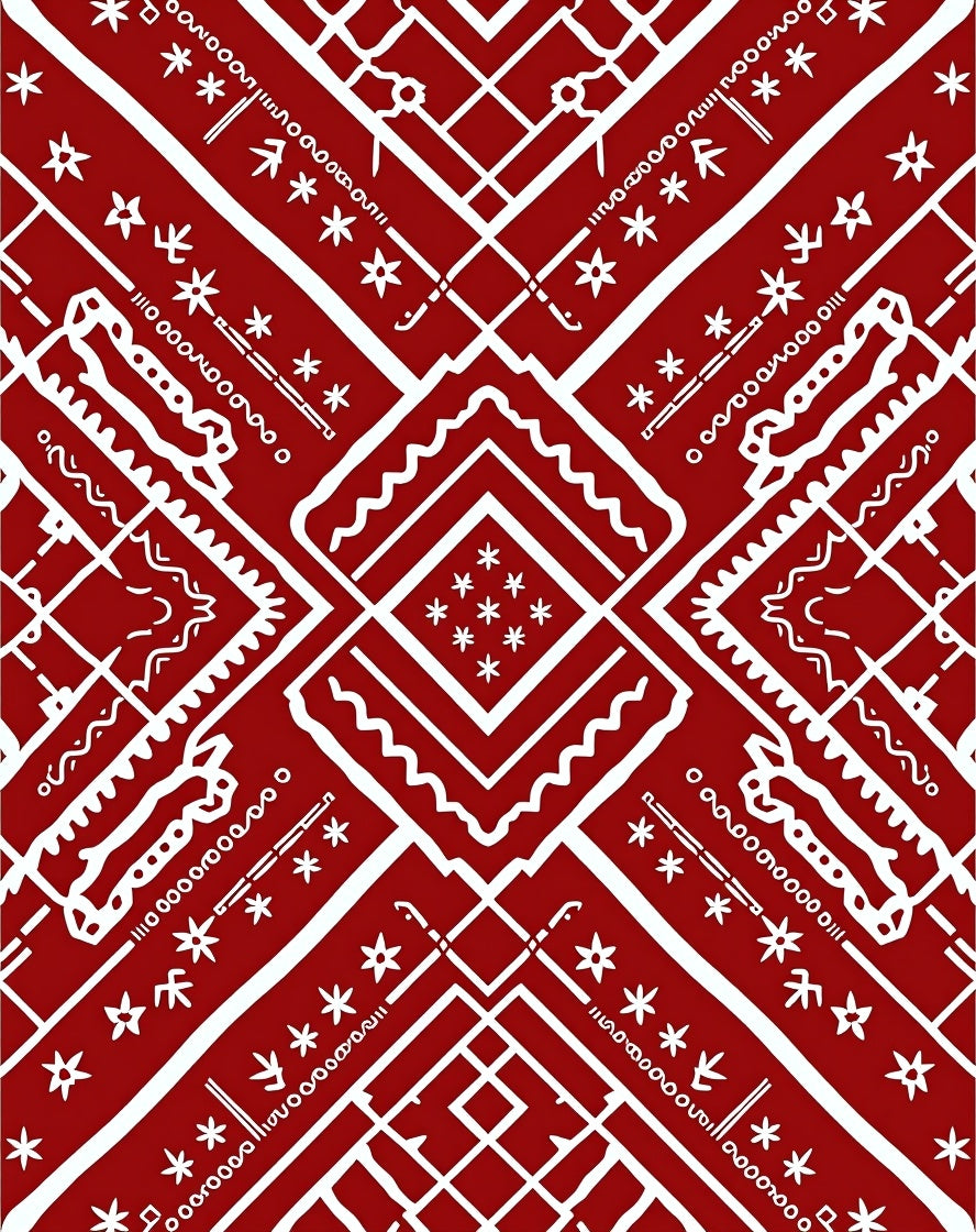 Crimson And White Geometric Tribal Pattern Rug