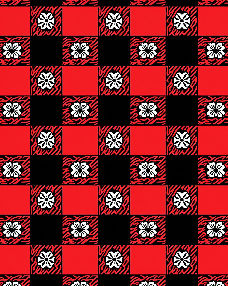Red Black Floral Checkered Pattern Rug
