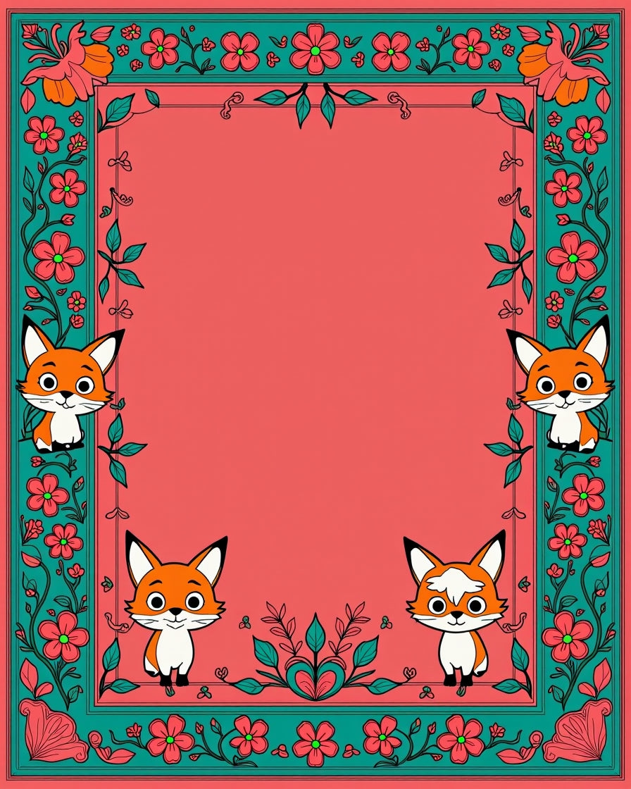 Playful Fox and Floral Border Design Rug