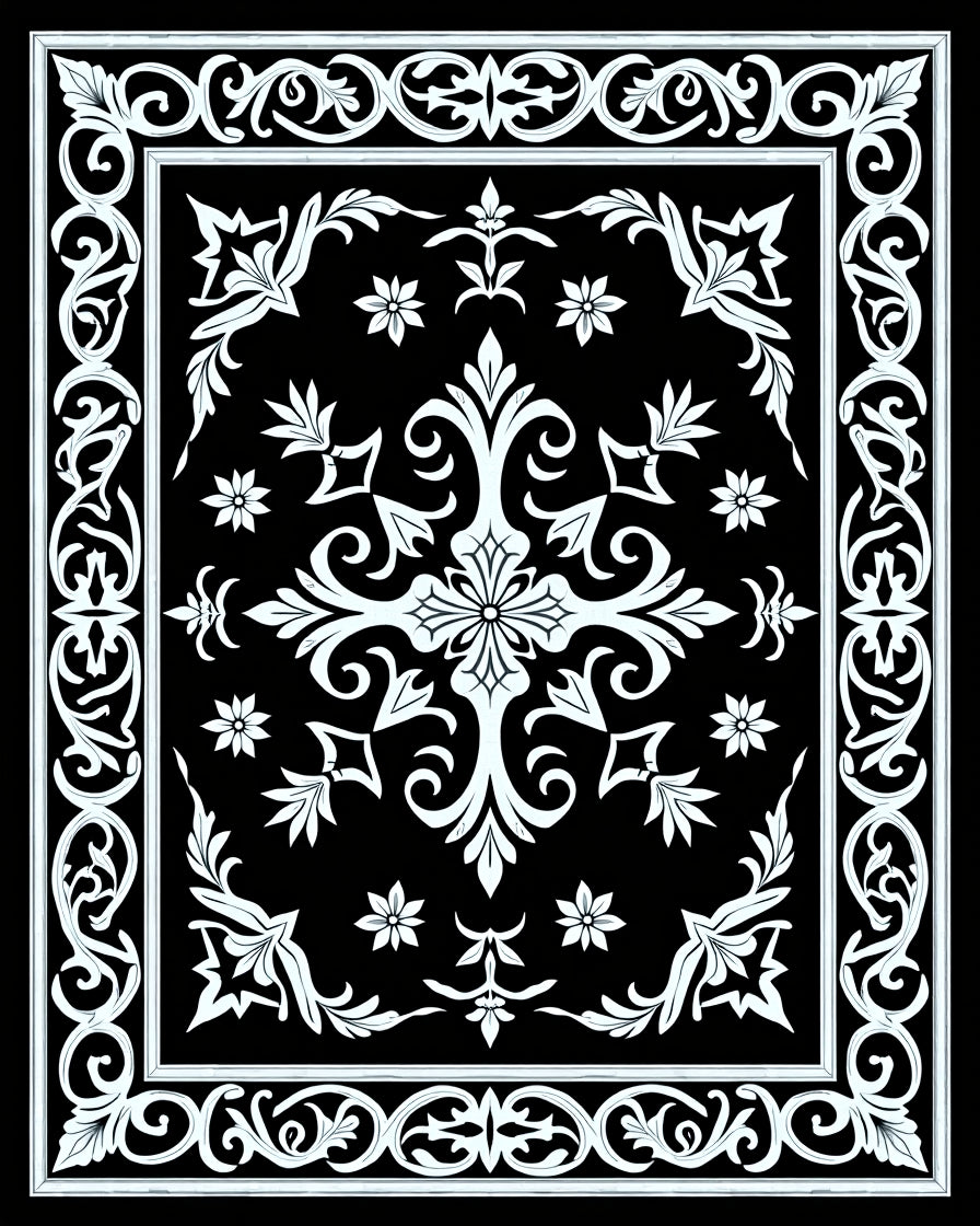 Ornate Black White Floral Medallion Rug