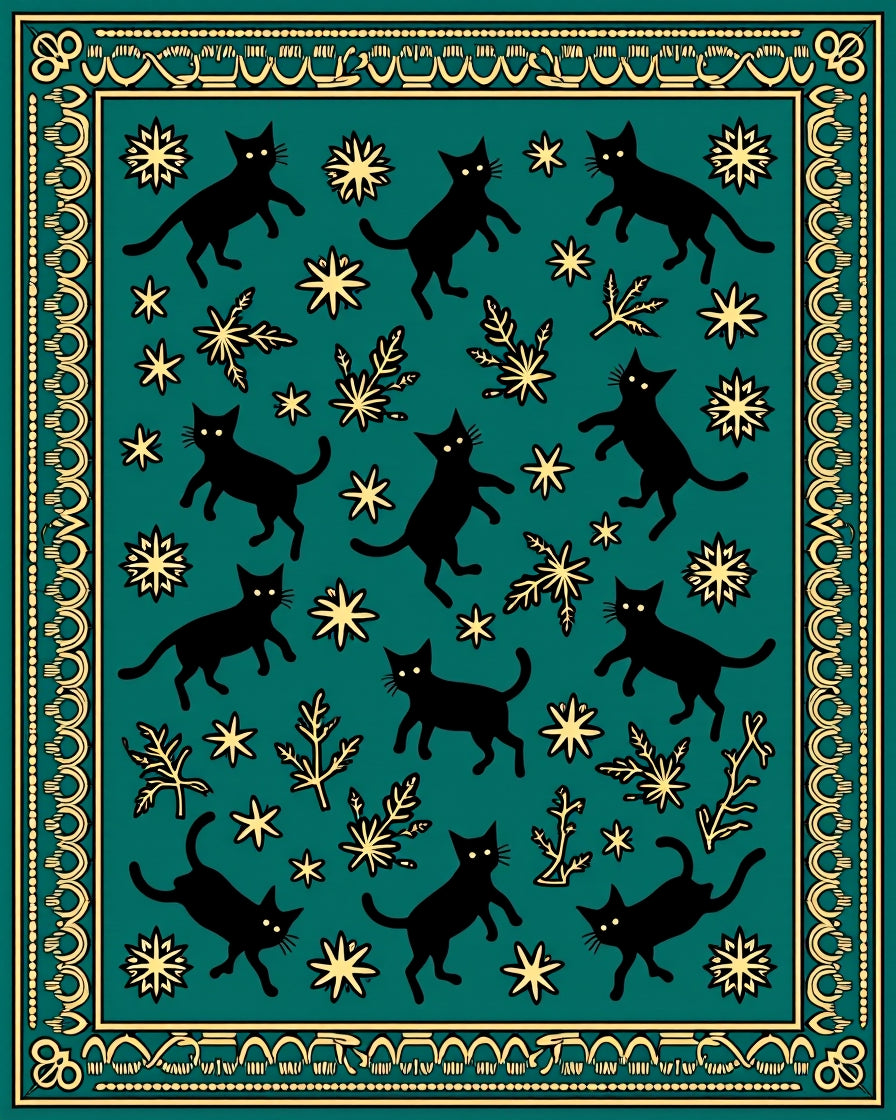 Whimsical Black Cats Stars Border Design Rug