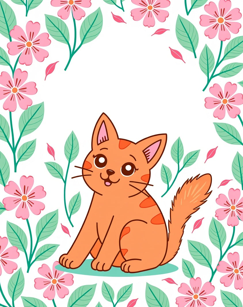 Cute Orange Cat Floral Border Rug