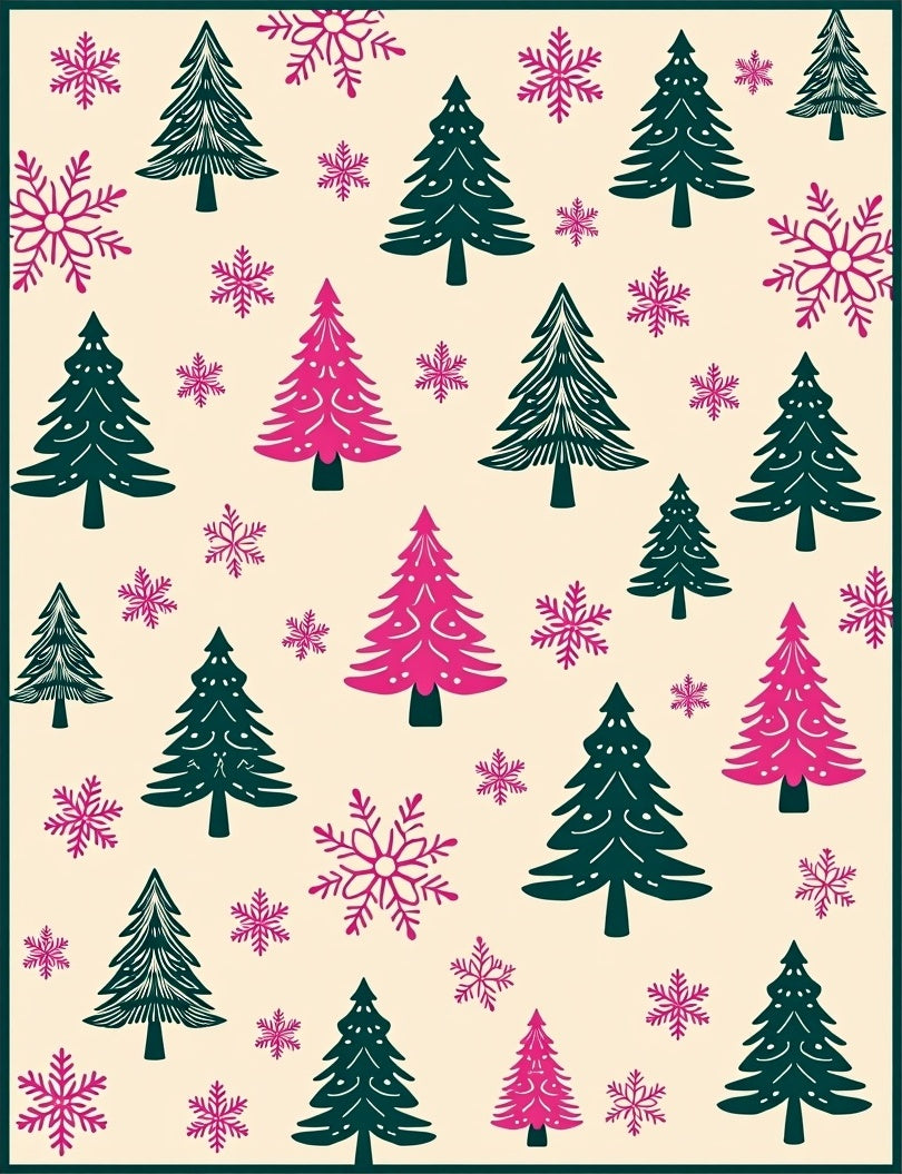 Whimsical Green Pink Trees Snowflakes Rug
