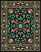 Black Coral Mint Floral Scroll Rug