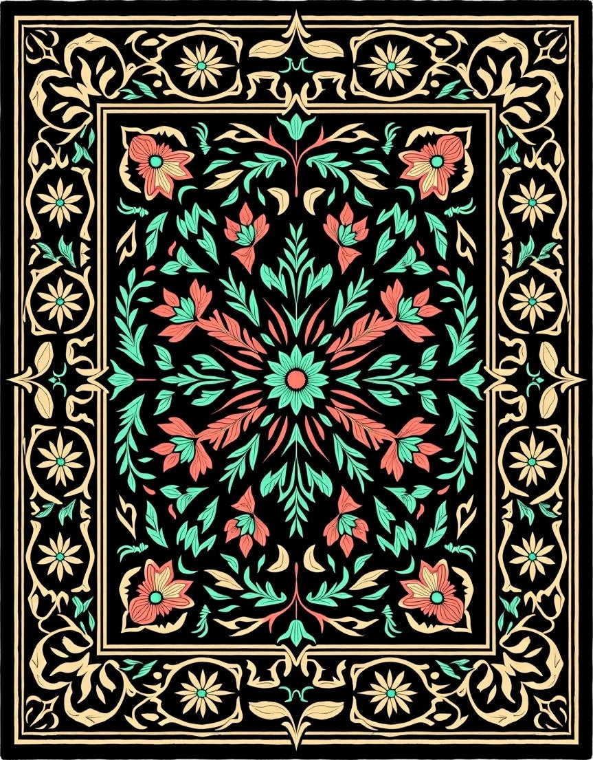 Black Coral Mint Floral Scroll Rug