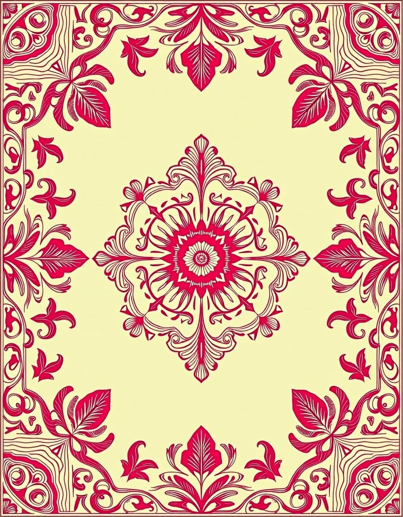 Crimson Floral Symmetry Pattern Design Rug