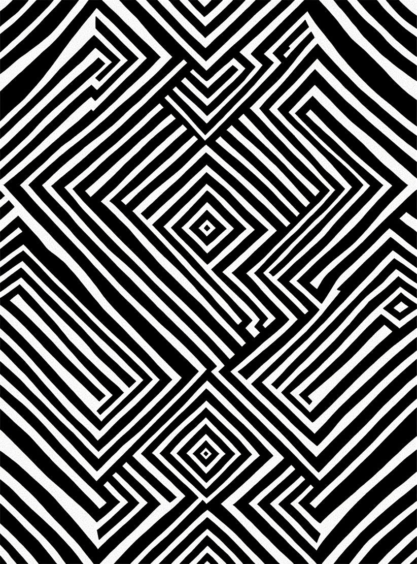 Bold Black White Labyrinth Design Rug