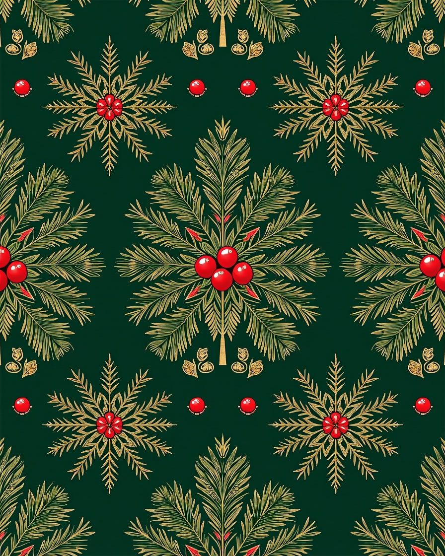 Green Gold Pine and Berry Vintage Rug