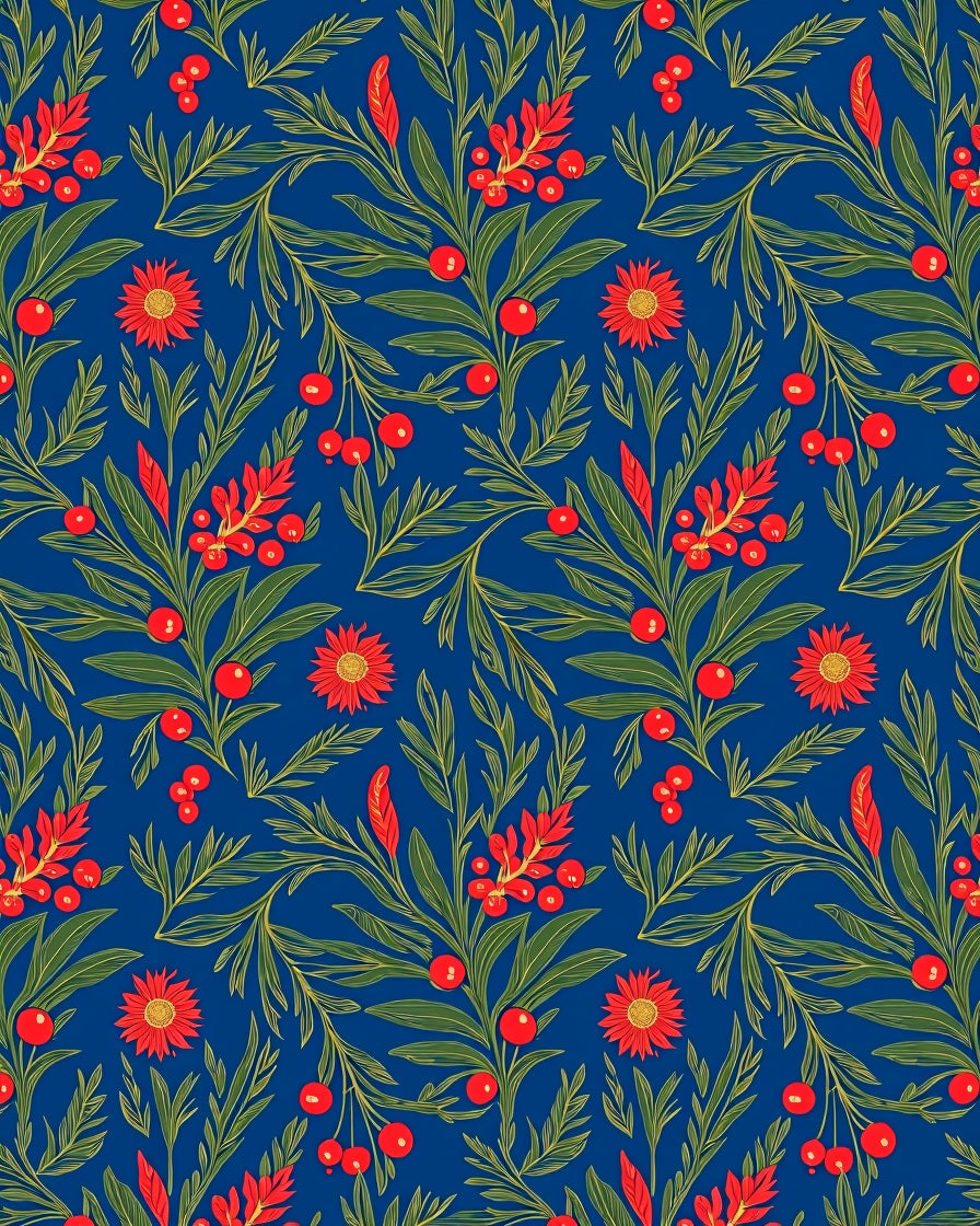 Vibrant Cobalt Red Floral Botanical Rug