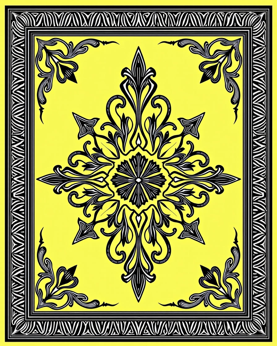 Bold Black Yellow Ornate Design Rug