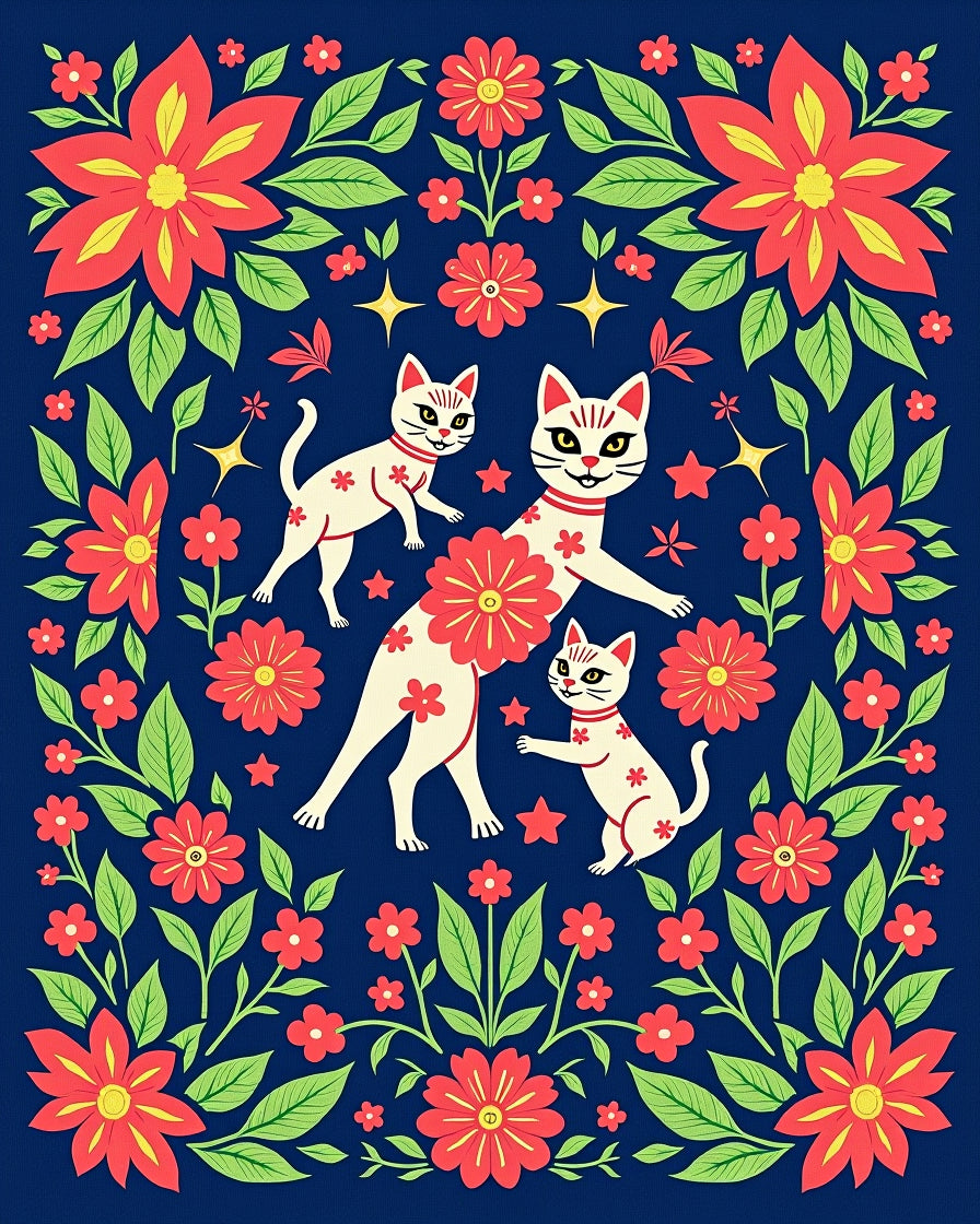 Floral Cat Family Vibrant Tapestry Rug