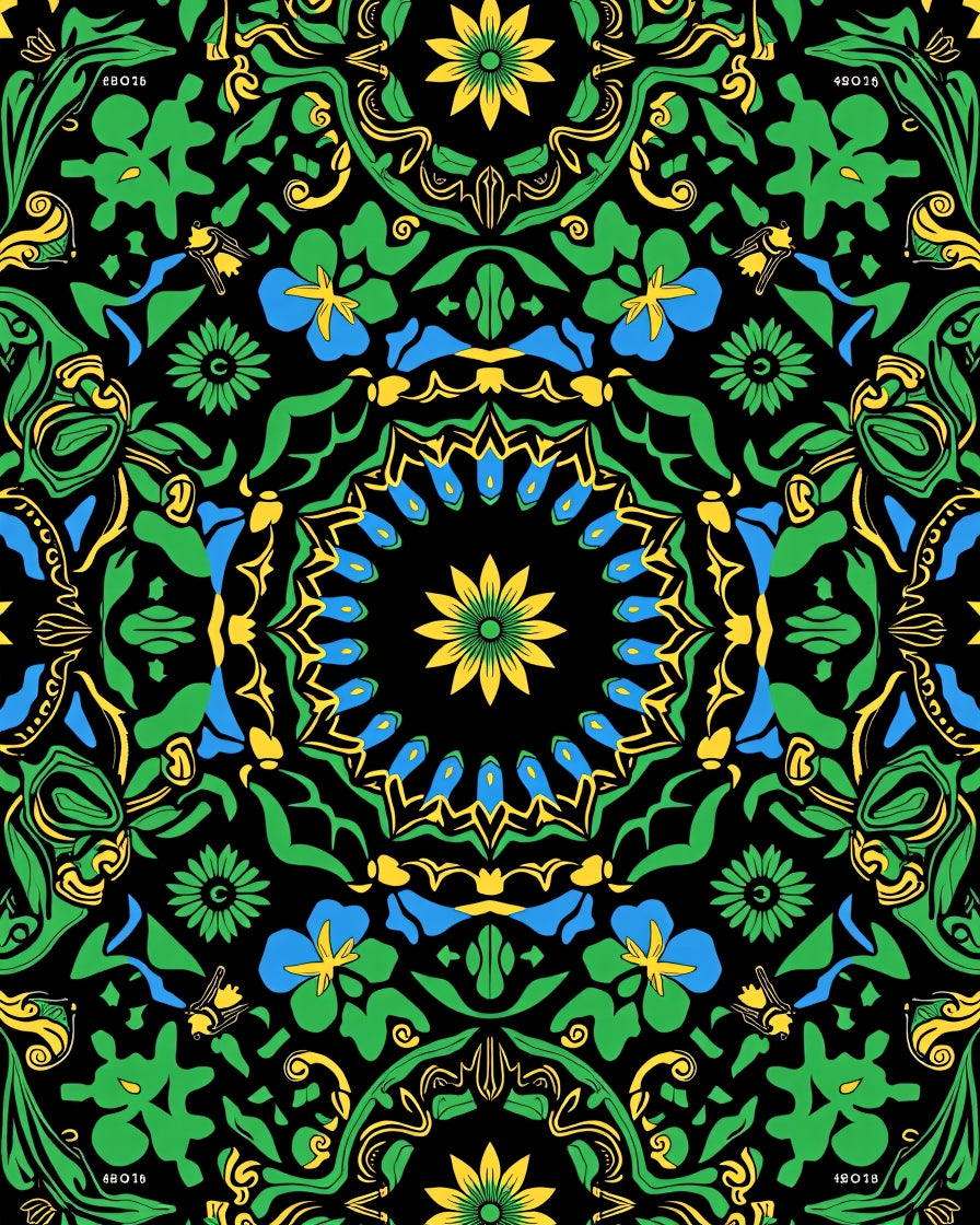 Vibrant Black Green Floral Mandala Rug