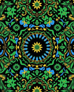 Vibrant Black Green Floral Mandala Rug
