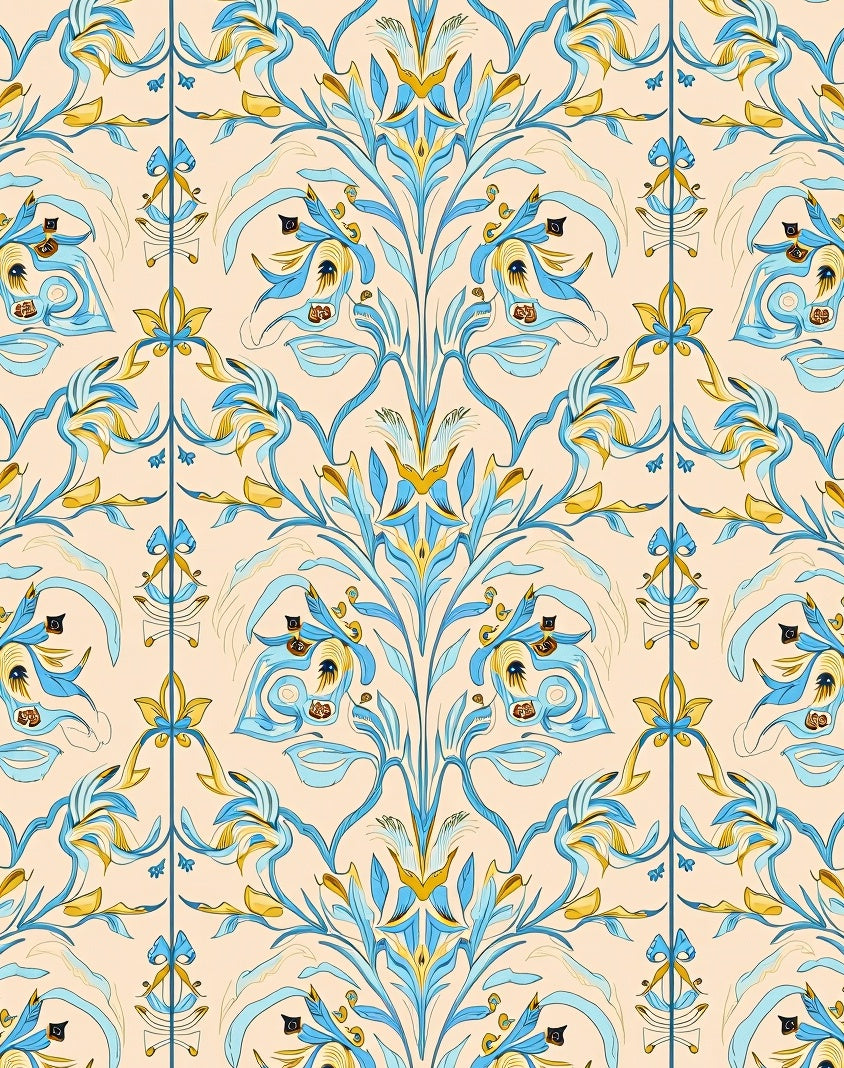 Blue Yellow Floral Damask Pattern Rug
