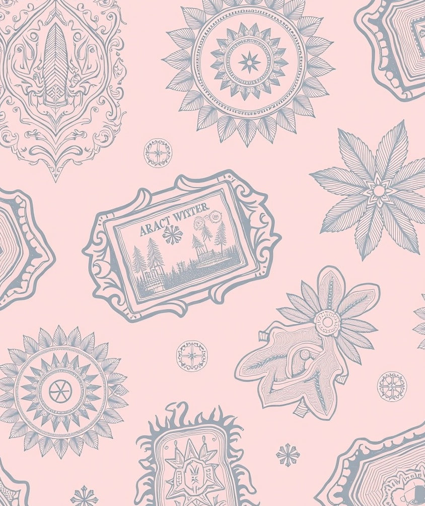 Pink Grey Ornate Mandala Scroll Artwork Rug