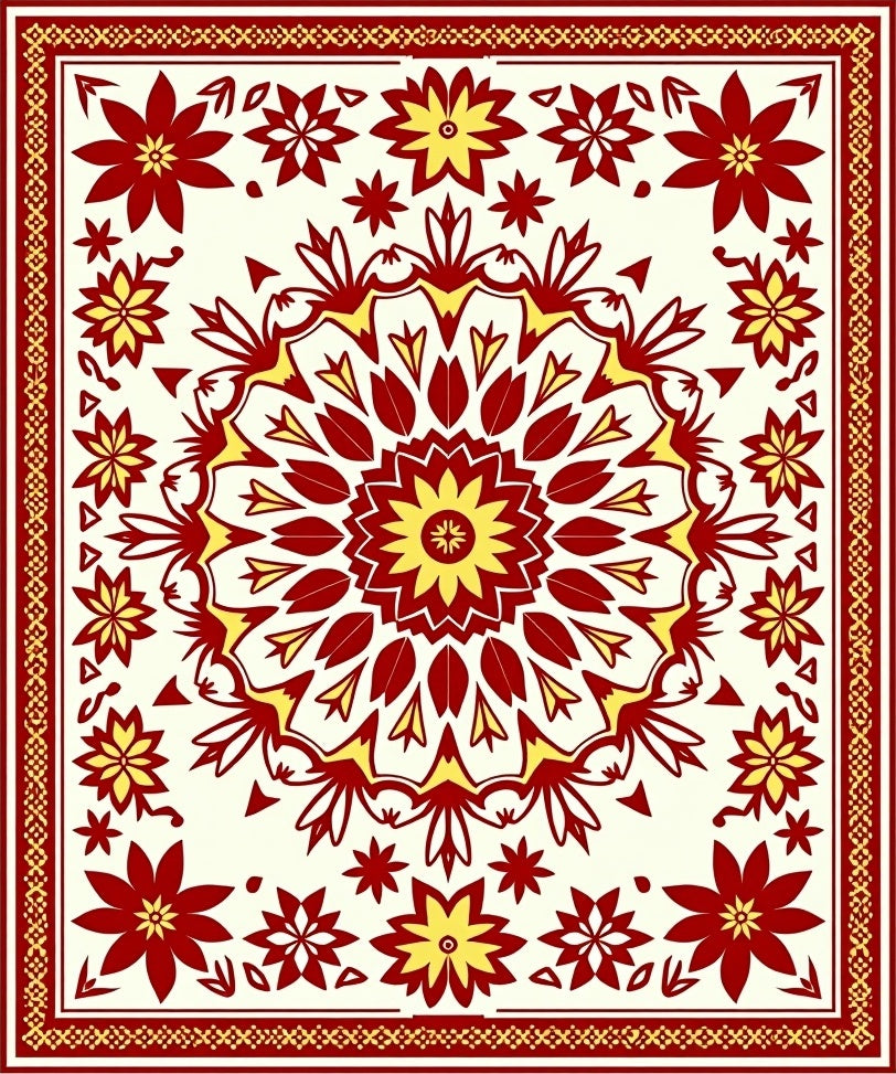 Floral Mandala Design Red Yellow Rug