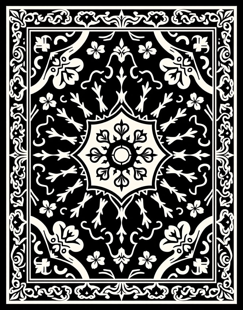 Classic Black White Floral Medallion Design Rug