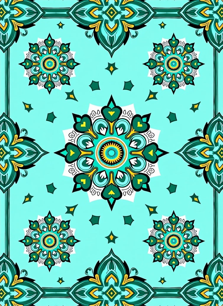 Aqua Teal Medallion Border Design Rug