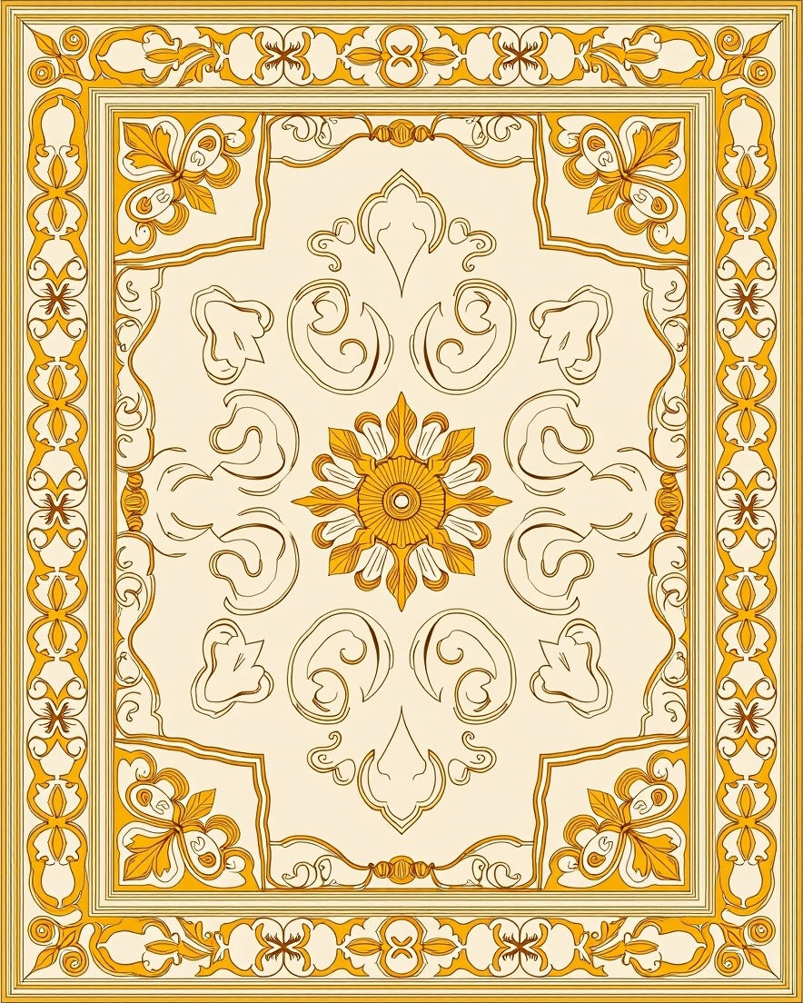 Golden Floral Medallion Bordered Rug