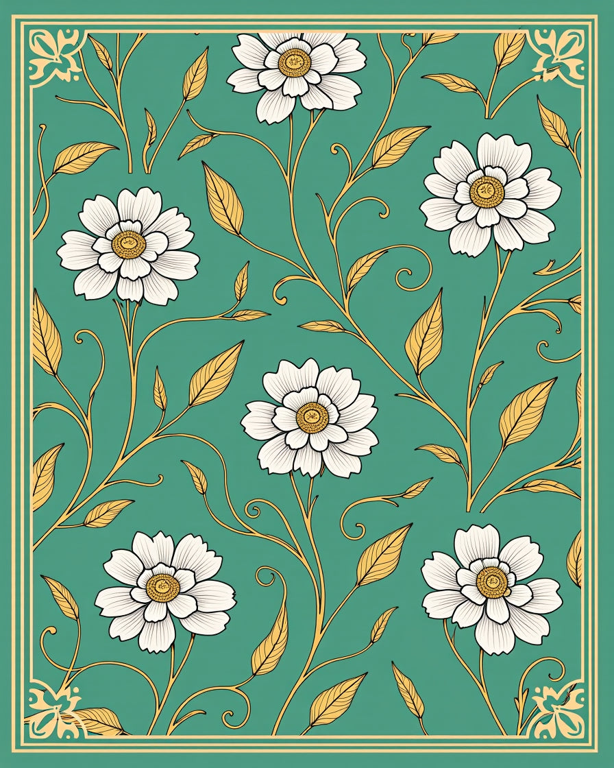 White Floral Vines On Teal Background Rug