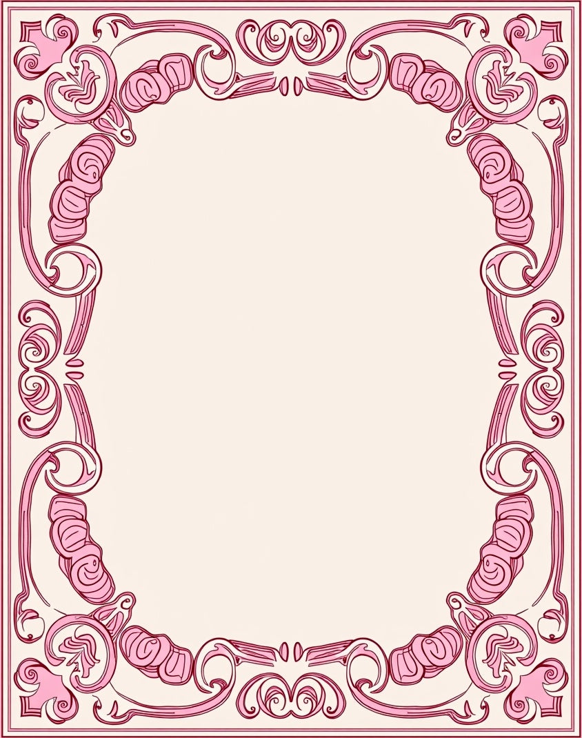 Ornate Pink Floral Scrollwork Border Rug