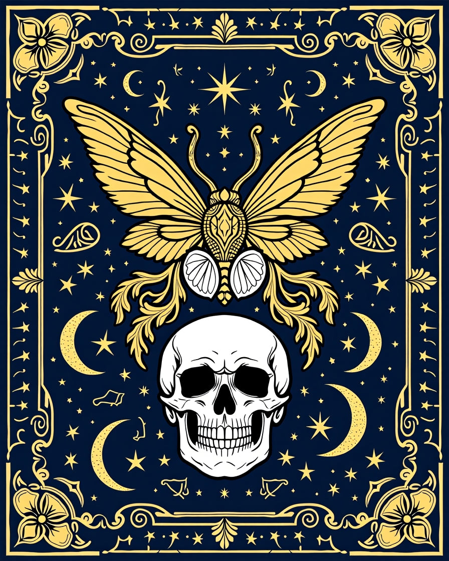 Mysterious Night Sky Moth Skull Design Rug
