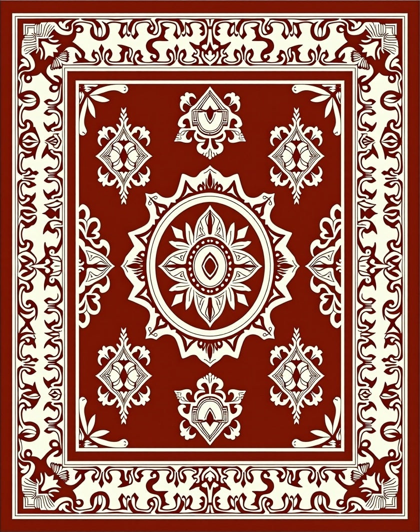 Ornate Red Cream Medallion Pattern Rug