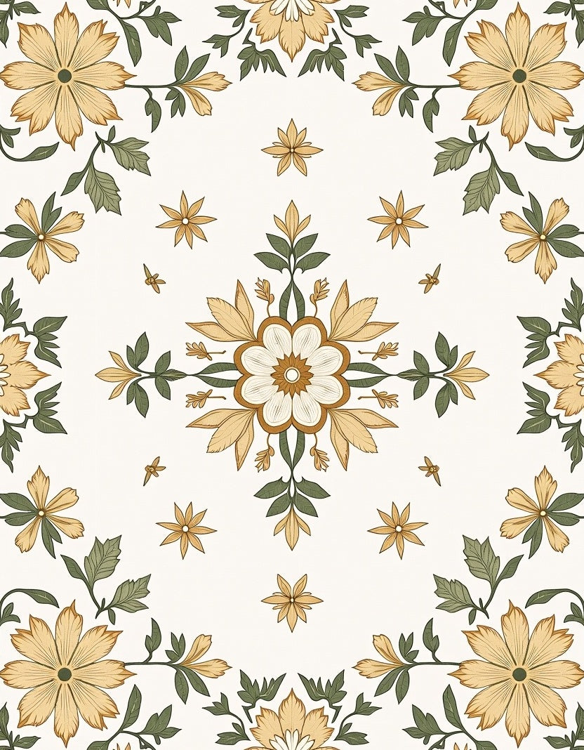 Golden Floral Botanical Medallion Design Rug