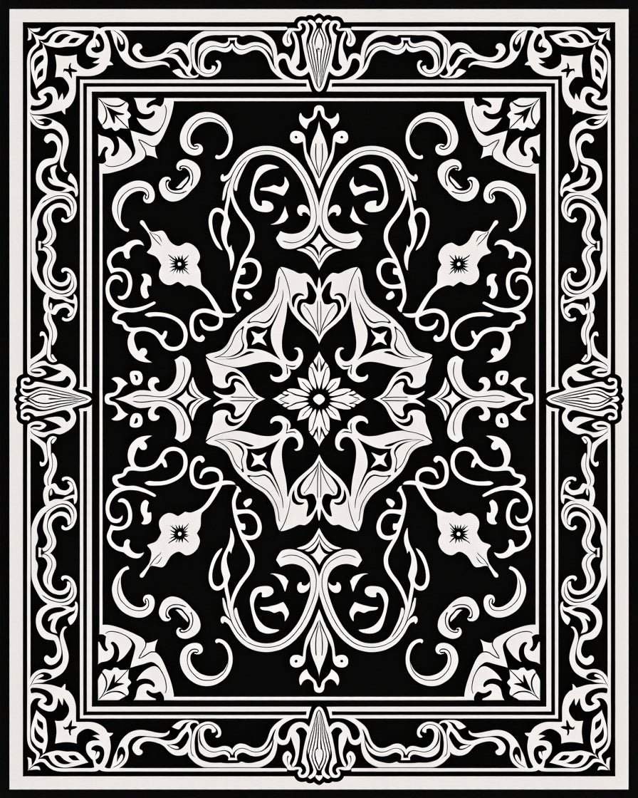 Ornate Black White Floral Pattern Rug