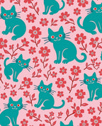 Teal Cats Red Flowers Pattern Rug