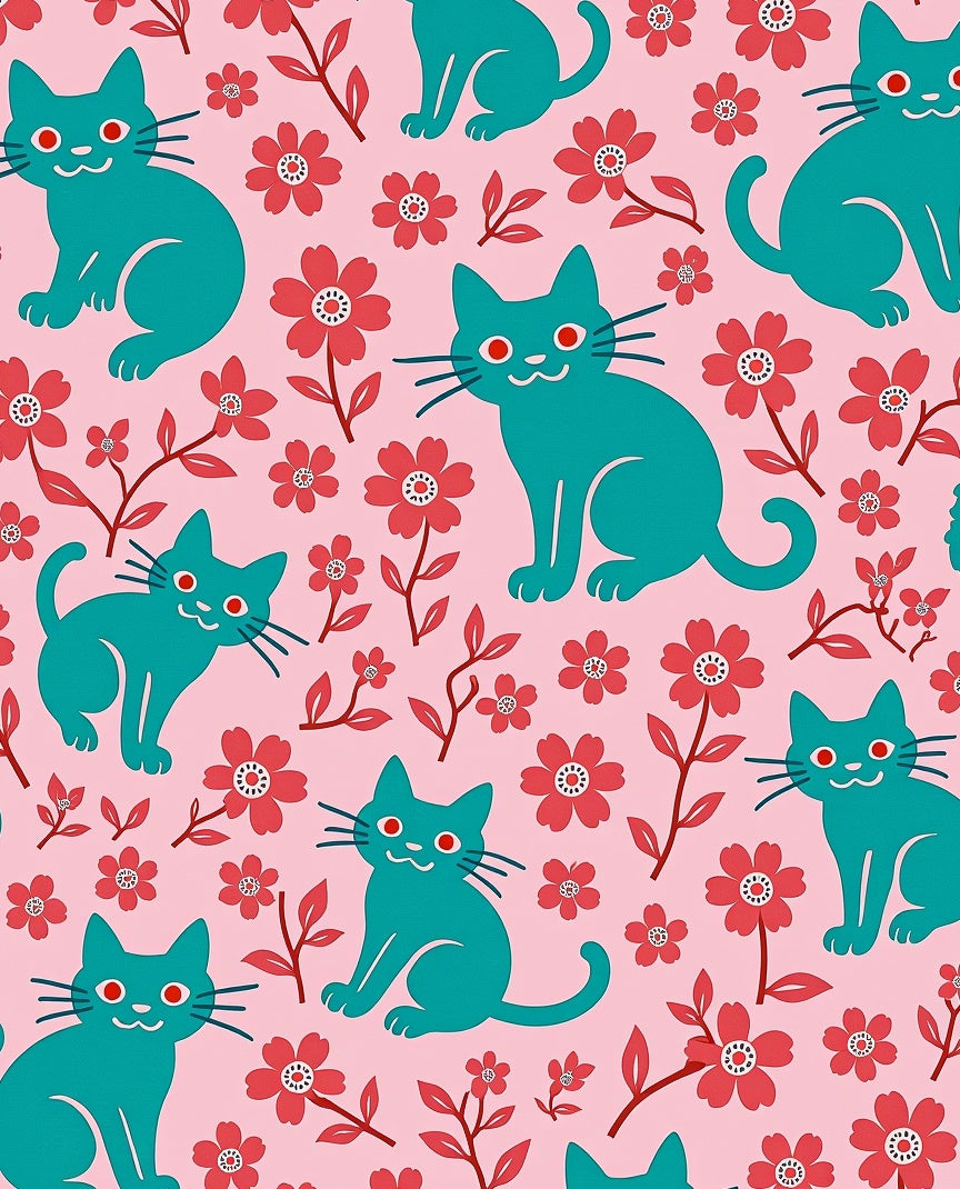 Teal Cats Red Flowers Pattern Rug