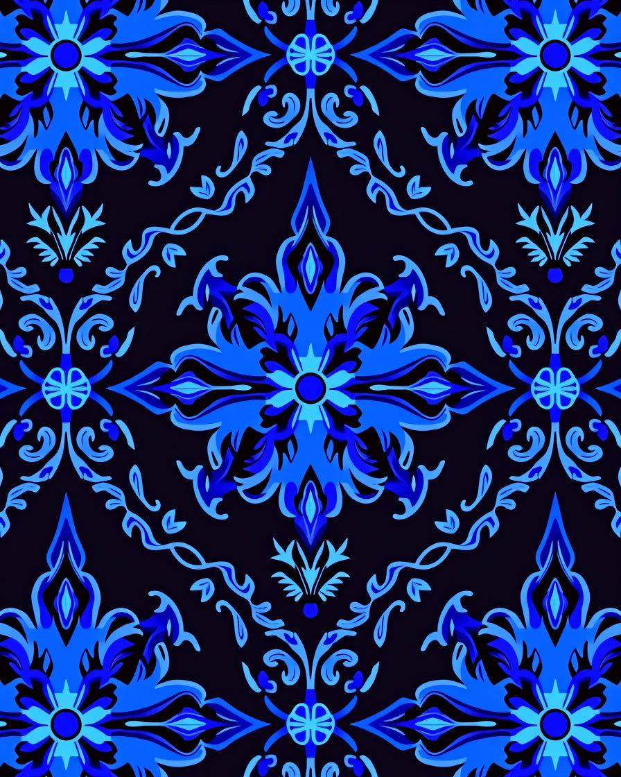 Intricate Blue Floral Scroll Pattern Rug