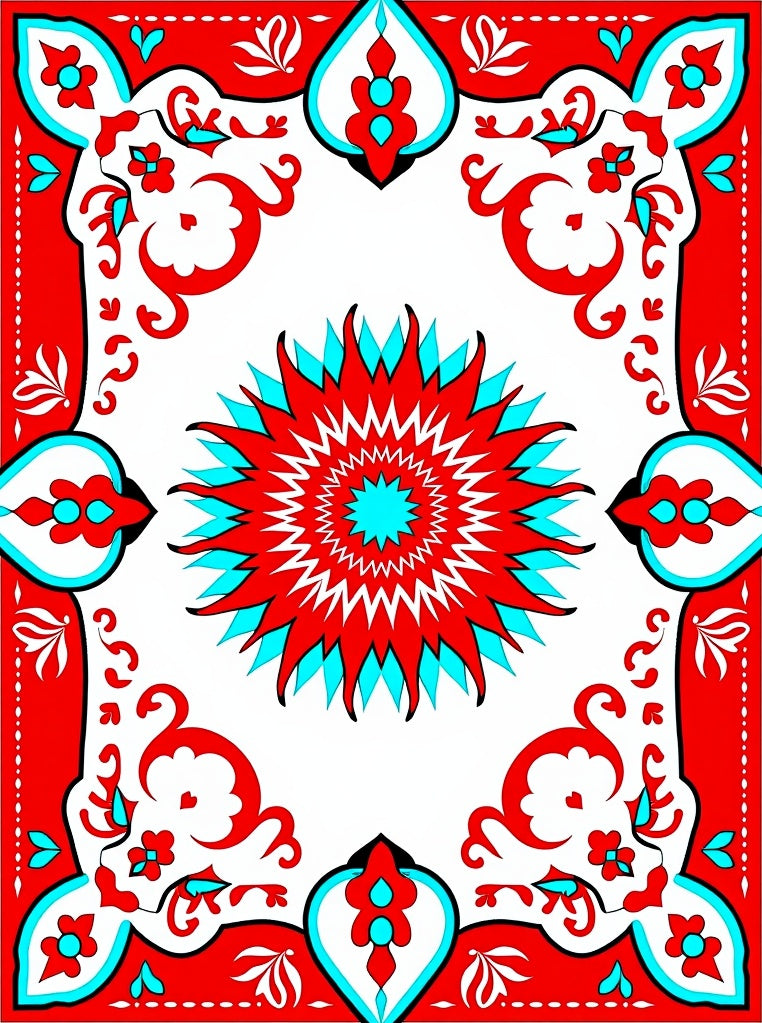 Bold Red Teal Floral Medallion Design Rug
