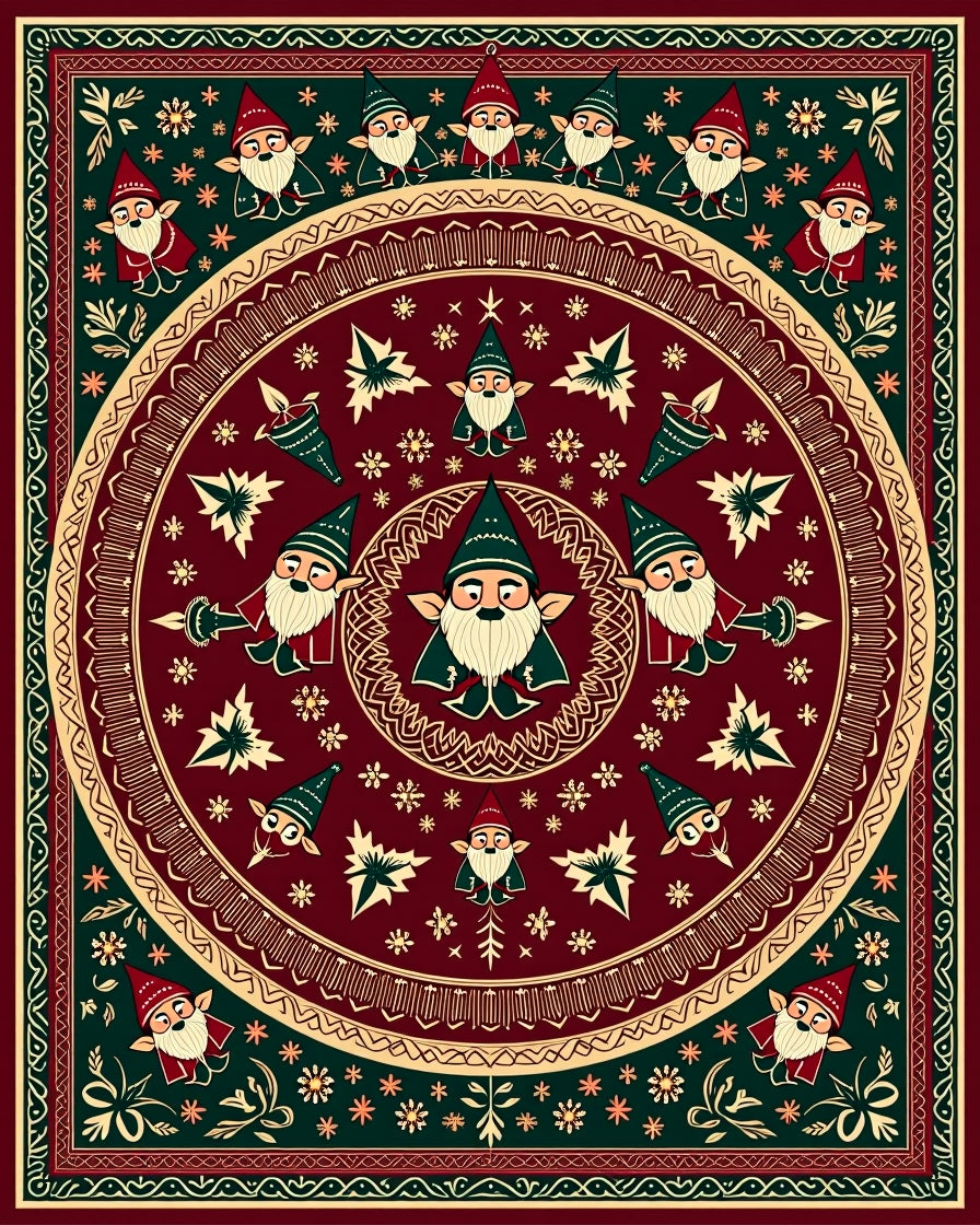 Whimsical Gnome Mandala Folk Art Rug