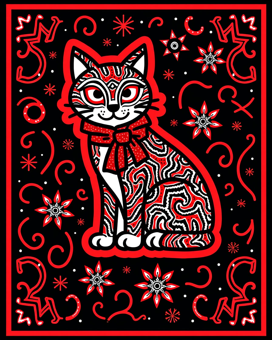 Whimsical Red Swirl Cat Patterned Rug