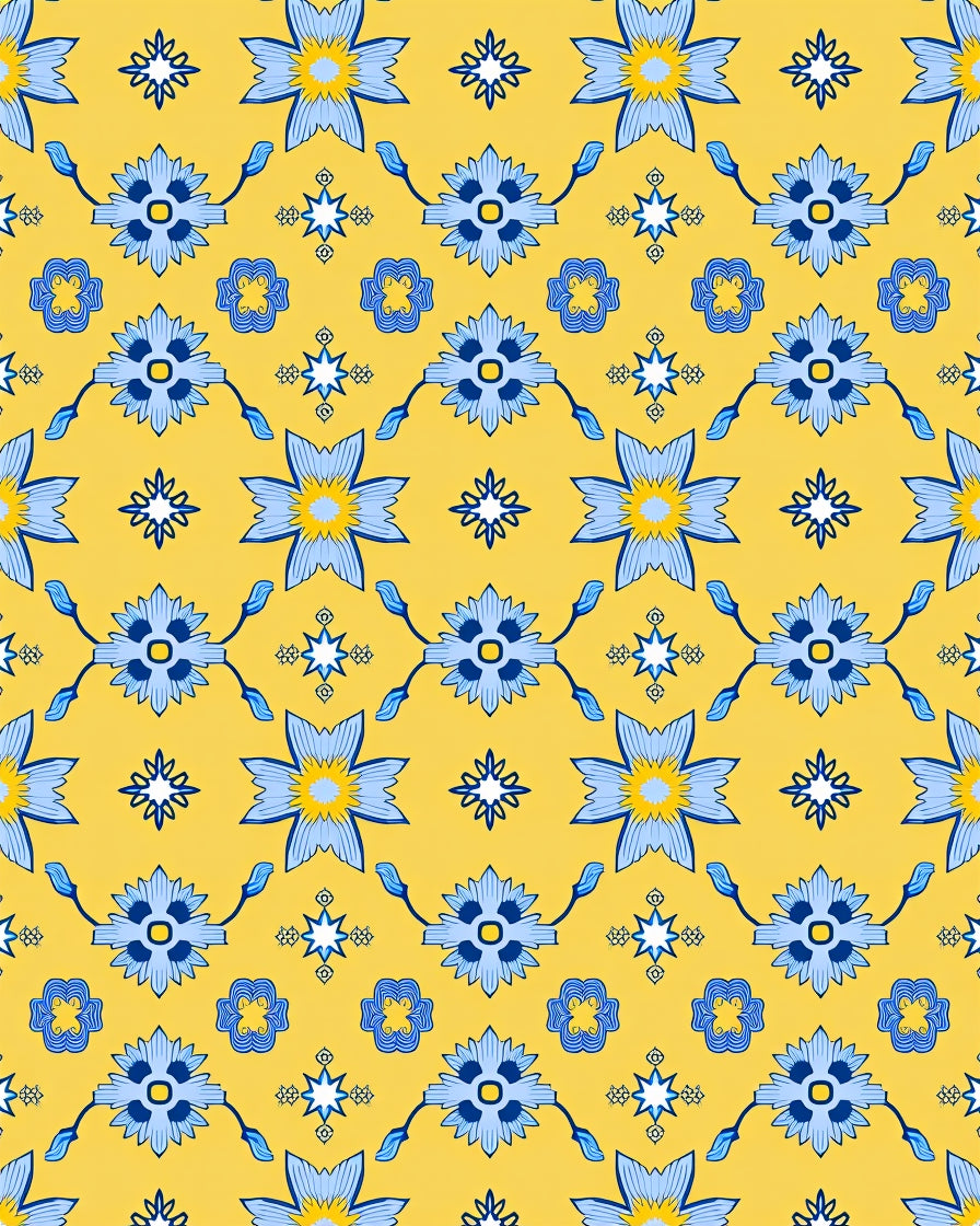 Blue Floral Pattern Yellow Background Rug