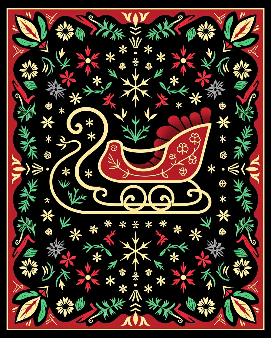 Festive Red Sleigh Floral Garland Rug