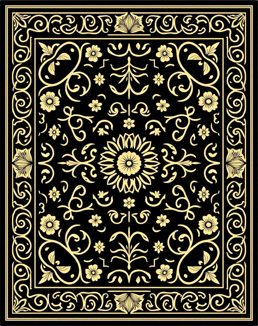 Classic Floral Scrollwork Black Gold Rug